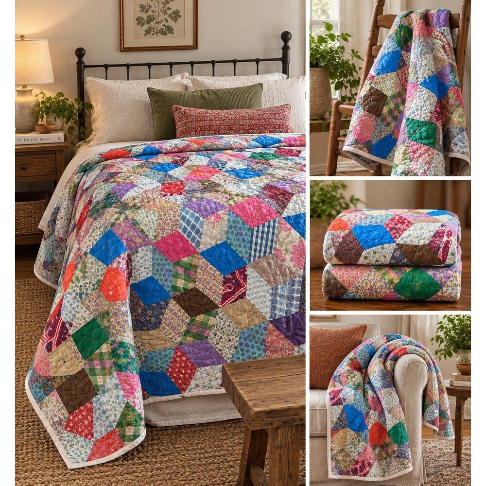 Multicolor Patchwork Quilted Throw Quilt, Rectangular Patchwork Pattern